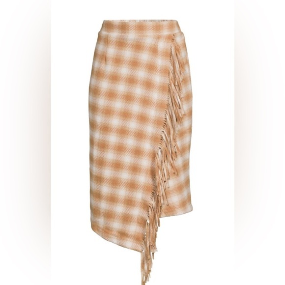 Tan and white plaid look Fringed Faux Wrap Skirt size large 12 14 brand new - Picture 2 of 7